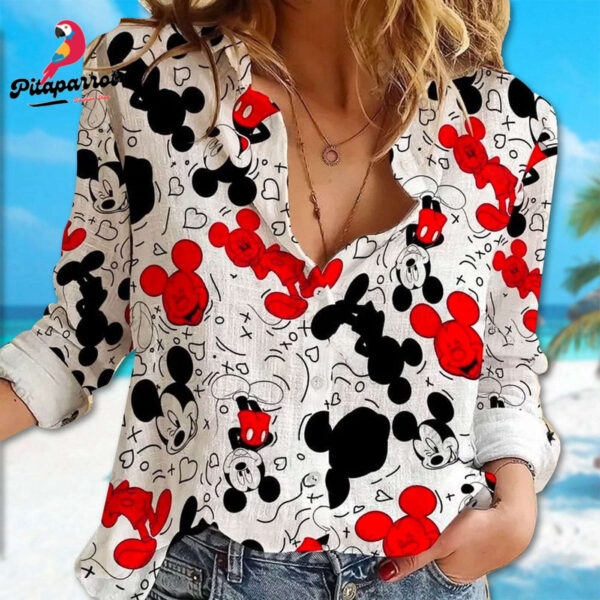 Cute Mickey Mouse Linen Button Down Shirt – Cartoon Gift for Women at Magic Kingdom