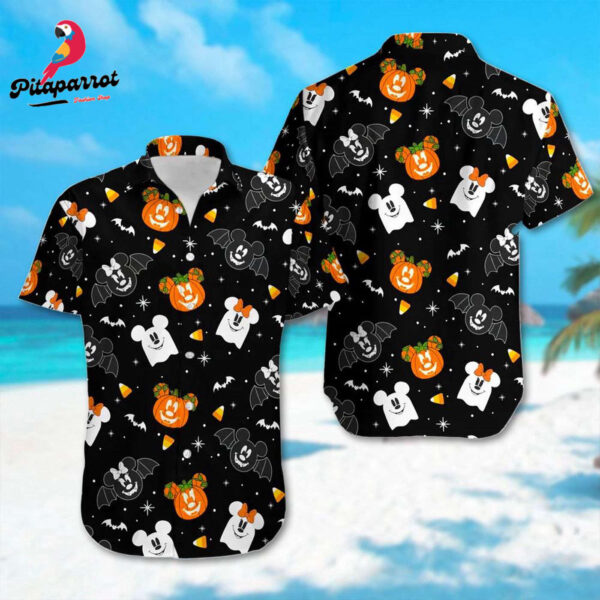 Halloween Mickey Mouse Head Hawaiian Shirt – Pumpkin Bat Hawaii All Over Print Button Up Halloween Gift
