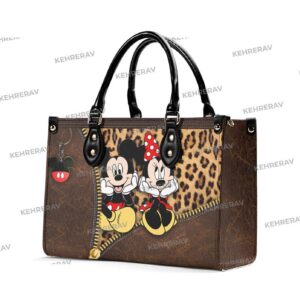 Leopard Mickey Minnie Custom Leather Handbag for Women – Handmade Minnie Lover s Purse