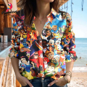 Disney Mickey and Friends Button Down Shirt Princess Cartoon Casual Shirt for Women Magic Kingdom Gift