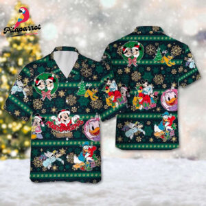 Mickey And Friends Christmas Hawaiian Shirt - Xmas Gift Button Up with Mickey Mouse Minnie Donald Goofy Pluto Snowflakes