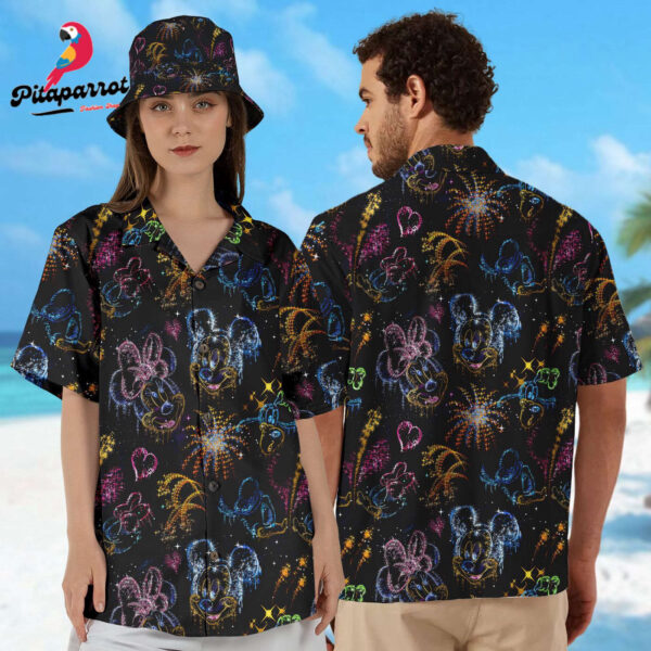 Mickey and Minnie Hawaiian Couple Shirt – Summer Vacation Firework Design