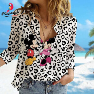 Mickey and Minnie Mouse Linen Shirt - Cartoon Button Down Casual Shirt for Women at Magic Kingdom
