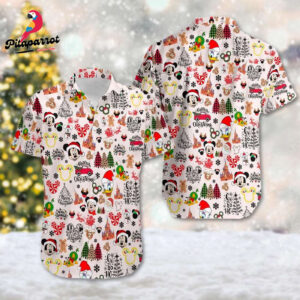 Mickey & Friends Christmas Hawaiian Shirt Cartoon Xmas Button Up Magic Kingdom Mickey Ears Shirt