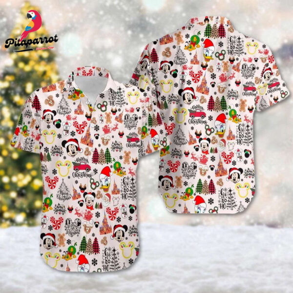 Mickey & Friends Christmas Hawaiian Shirt Cartoon Xmas Button Up Magic Kingdom Mickey Ears Shirt