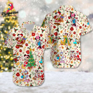 Mickey & Friends Santa Hat Hawaiian Christmas Shirt - Magic Kingdom Mickey Mouse Xmas Party Button Up