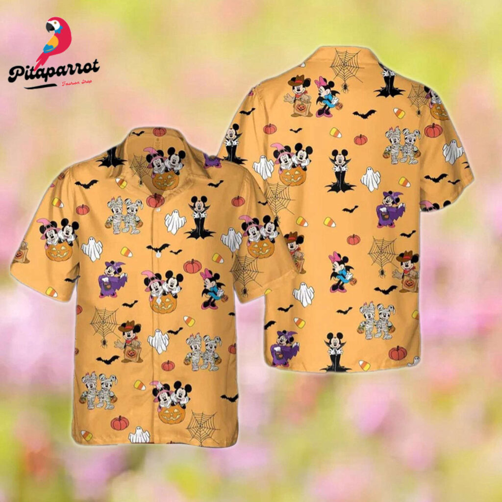 Mickey Minnie Mouse Halloween Hawaiian Shirt All Over Print Button Up for Halloween Party Gift for Friend Mickey Minnie Mouse Halloween Hawaiian Shirt All Over Print Button Up for Halloween Party Gift for Friend