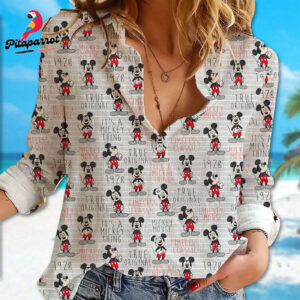 Mickey Mouse 3D All Over Printed Linen Shirt - Casual Long Sleeve Button Down Blouse for Women Magic Kingdom Design