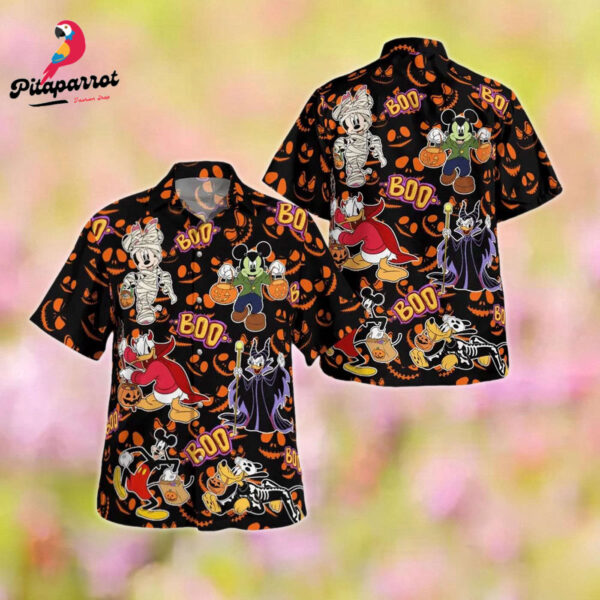 Mickey Mouse & Friends Halloween Hawaiian Shirt – Cartoon Print Button Up for Halloween Party