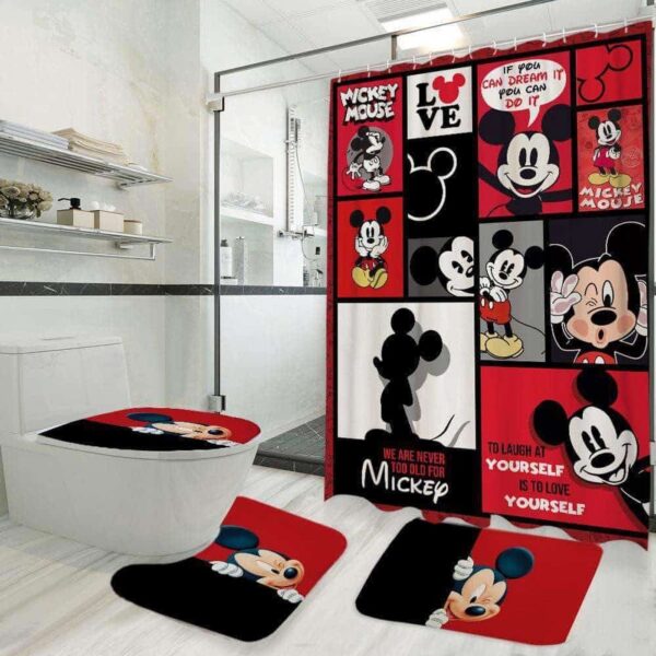 Mickey Mouse Bathroom Set: Shower Curtain Toilet Seat Cover & Rugs – G95