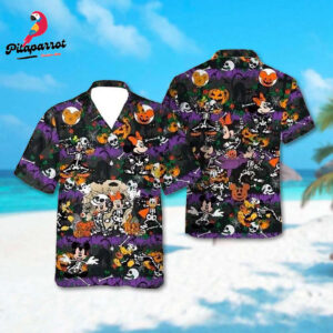 Mickey Mouse Halloween Hawaiian Shirt - Fun Mickey & Friends Halloween Party Hawaii Shirt with Skull Horror Characters