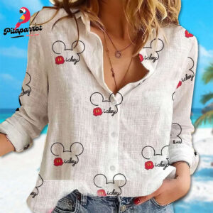 Mickey Mouse Linen Button Down Shirt - Fun Cartoon Gifts for Women