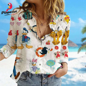 Mickey Mouse Linen Shirt Minnie Daisy Duck Casual Button Down Pluto Cartoon Women Blouse - Magic Kingdom Trip Shirt