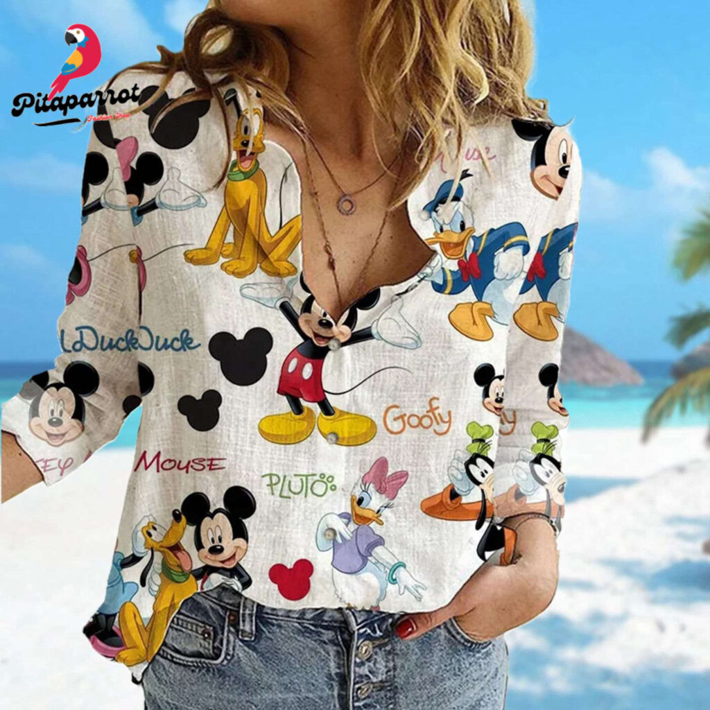 Mickey Mouse & Friends Linen Button Down Shirt – Magic Kingdom Women s Blouses Mickey Mouse & Friends Linen Button Down Shirt – Magic Kingdom Women s Blouses