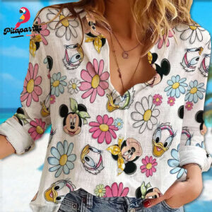Cute Mickey Mouse Button Down Shirt for Women - Magic Kingdom Cartoon Casual Tee