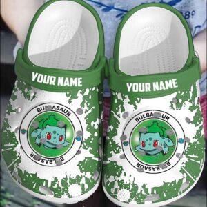Pokemon Bulbasaur Logo PatternCrocs-Shoes Classic Clogs Shoes In Green & White 3