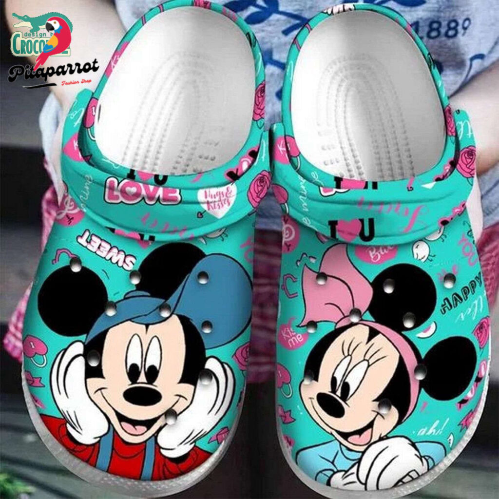 Sweet Happy Micke And Minnie Mouse Turquoise Clogs For Kids & Adults