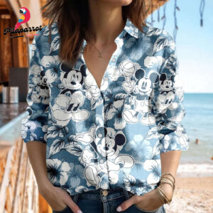 Tropical Mickey Mouse Linen Shirt Casual Long Sleeve Button Down Women s Cartoon Blouses Magic Kingdom Trip Shirt